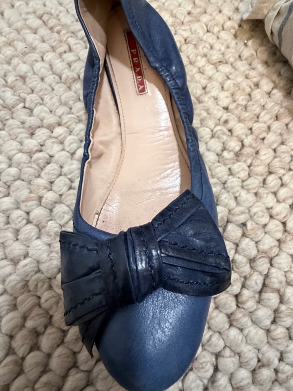 Prada Navy Leather Bow Ballet Flats - Picture 3 of 5